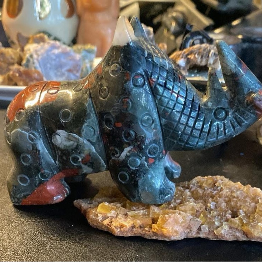 Handcrafted Stone Rhino Figurine - Black and Red